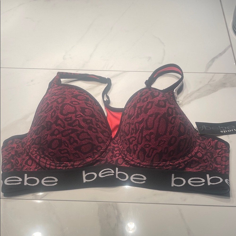 bebe Red Animal-Print Padded Sports Bra with Logo Band